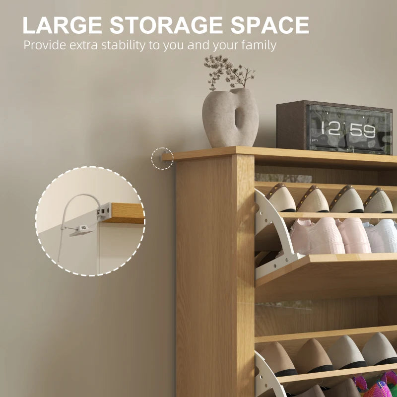 Natural wood shoe cabinet with open shelves and side panel showing adjustable divider area