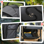 Grey pet stroller detail collage: padded seat, hooks, storage basket, and canopy.