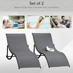 Set of 2 charcoal grey reclining lounge chairs with foldable steel frames
