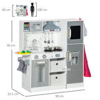White kids toy kitchen playset with sink, stovetop, microwave window and oven doors