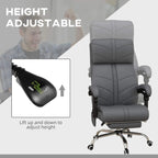Grey height-adjustable office chair with massage headrest, rolling swivel base