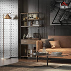 Industrial display shelf with drawers in brown wood, black metal frame, multi-level open storage.