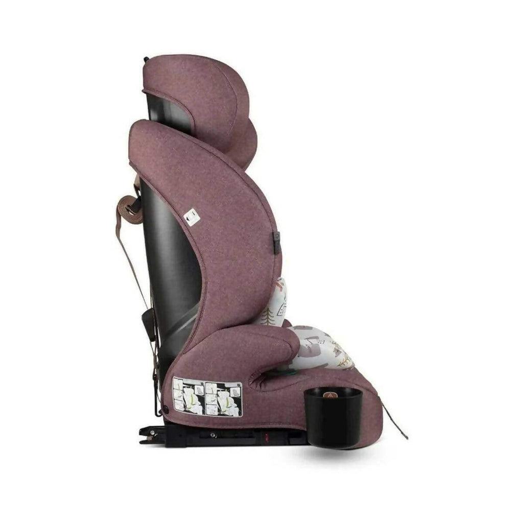 Side view child car seat in dark plum fabric with recline base and harness