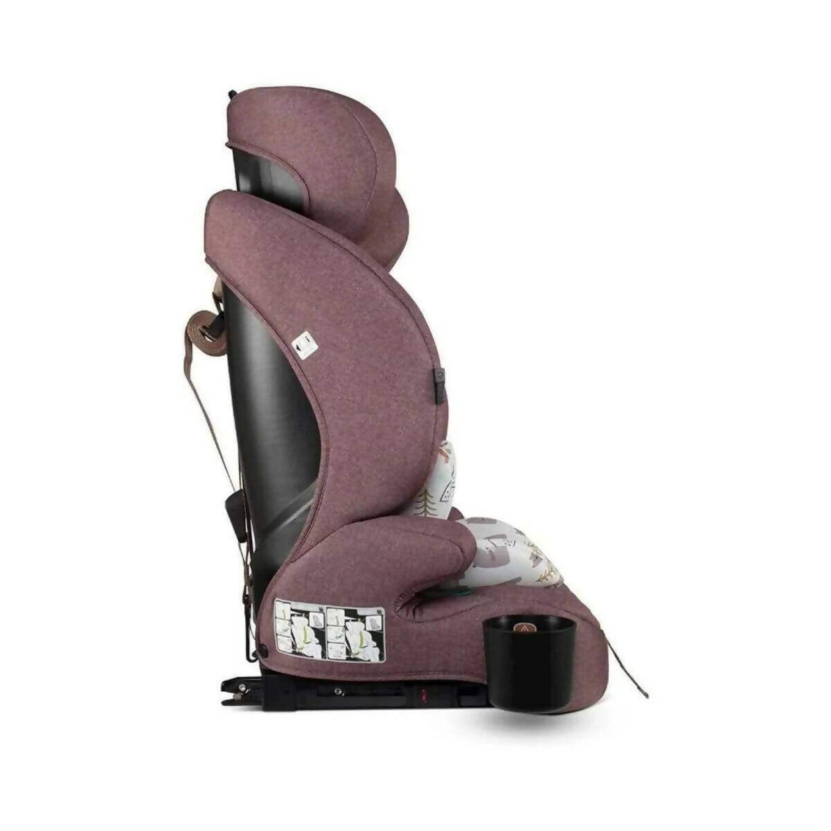 Side view child car seat in dark plum fabric with recline base and harness