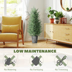 Artificial cypress tree with green foliage in a gray textured pot