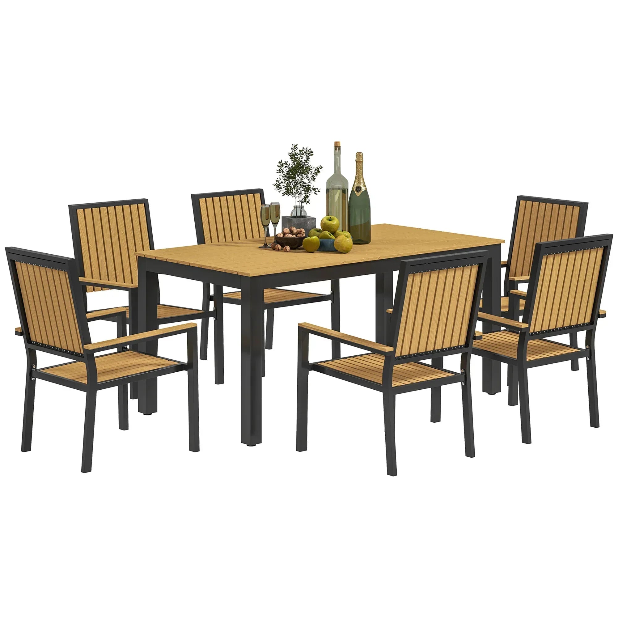 6 Seater Garden Dining Set with Stackable Chairs, Aluminium Frame, Rectangular Plastic Top, Garden Furniture Set, Outdoor Dining Table and Chairs for Patio, Balcony, Poolside, Nature Wood - Bobobiy