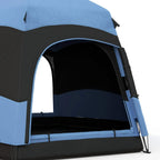 Blue and black hexagon camping tent with front door opening and attached side support