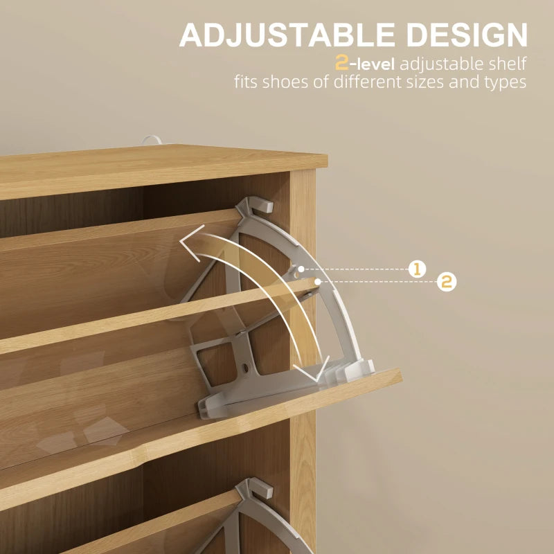 Natural wood shoe cabinet interior with adjustable 2-level shelf and curved divider supports