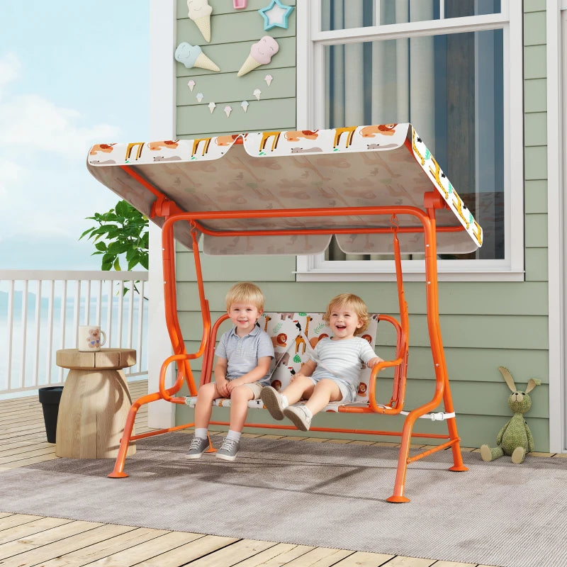Kids 2-seat porch swing bench with canopy, animal-pattern seat, orange frame