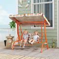 Kids 2-seat porch swing bench with canopy, animal-pattern seat, orange frame