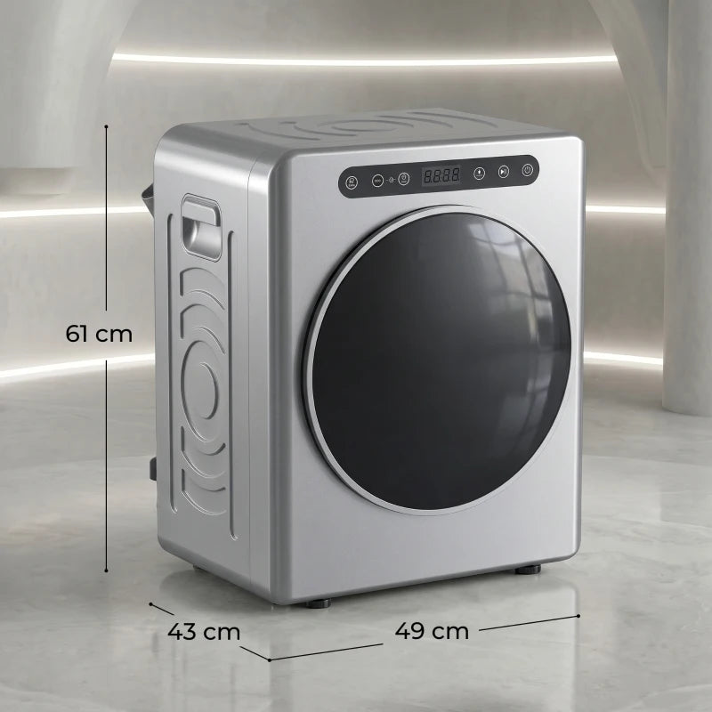 Silver compact tumble dryer in corner view with top control panel and legs