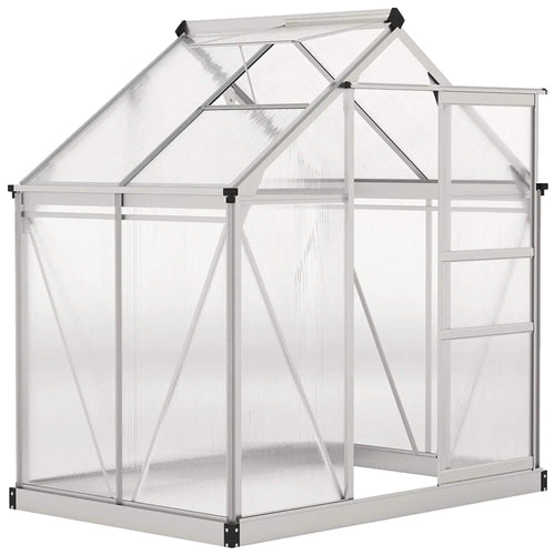 Large walk-in greenhouse with clear polycarbonate panels and silver aluminum frame