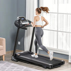 Black folding treadmill with LED console and handrail, running belt deck