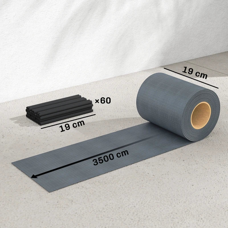 Grey privacy screen fence roll with flat mat section and panel width markings