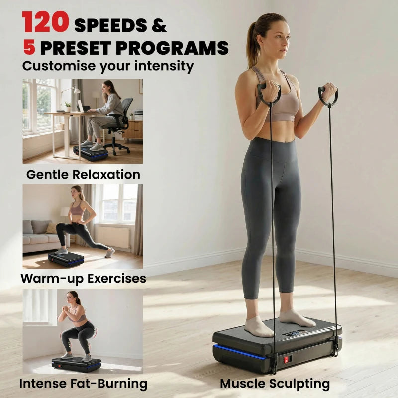 Black vibration plate exercise machine on floor next to standing person using handles
