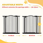 Black adjustable pet safety gate showing two width positions for different openings