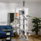 Light grey adjustable cat tree tower with multiple perches, cube condo, and sisal-wrapped posts