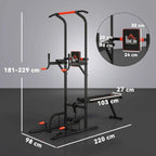 Black power tower dip station with red pull-up bar, bench, and dimensions overview
