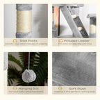 Light grey cat tree detail set: sisal scratching posts, included ladder, hanging ball, and soft plush