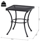 Black square metal bistro table with slatted mesh top and four curved legs