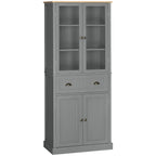 Grey kitchen pantry cupboard with glass doors, 2 drawers, and 2 lower cabinet doors