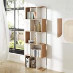 Freestanding S-shaped bookshelf with open tiers, oak wood shelves and white sides