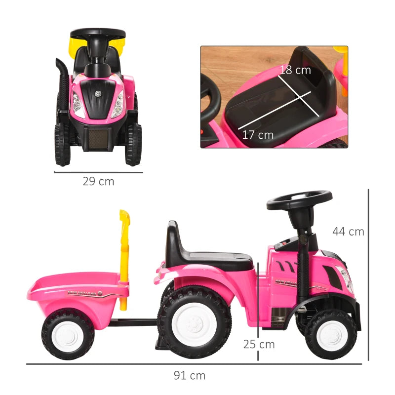 Pink ride-on tractor toddler walker, front and side view with black wheels