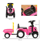Pink ride-on tractor toddler walker, front and side view with black wheels