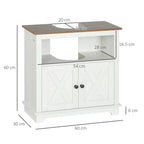 White under-sink cabinet with double doors, base shelf, and brown top board; size view