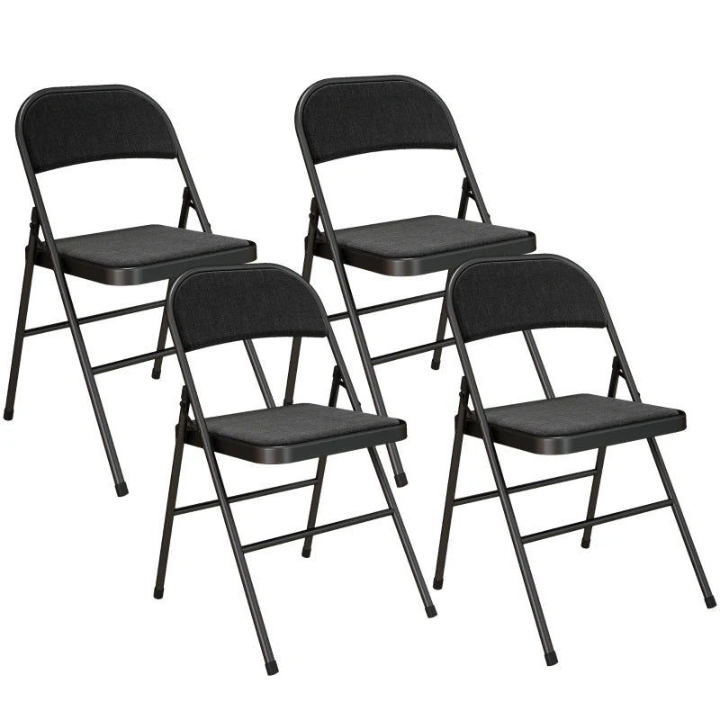 Black cushioned folding chairs with curved padded backs and seats, set of 4