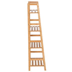 Tall bamboo ladder shelf with five open slots and side frame, natural wood finish