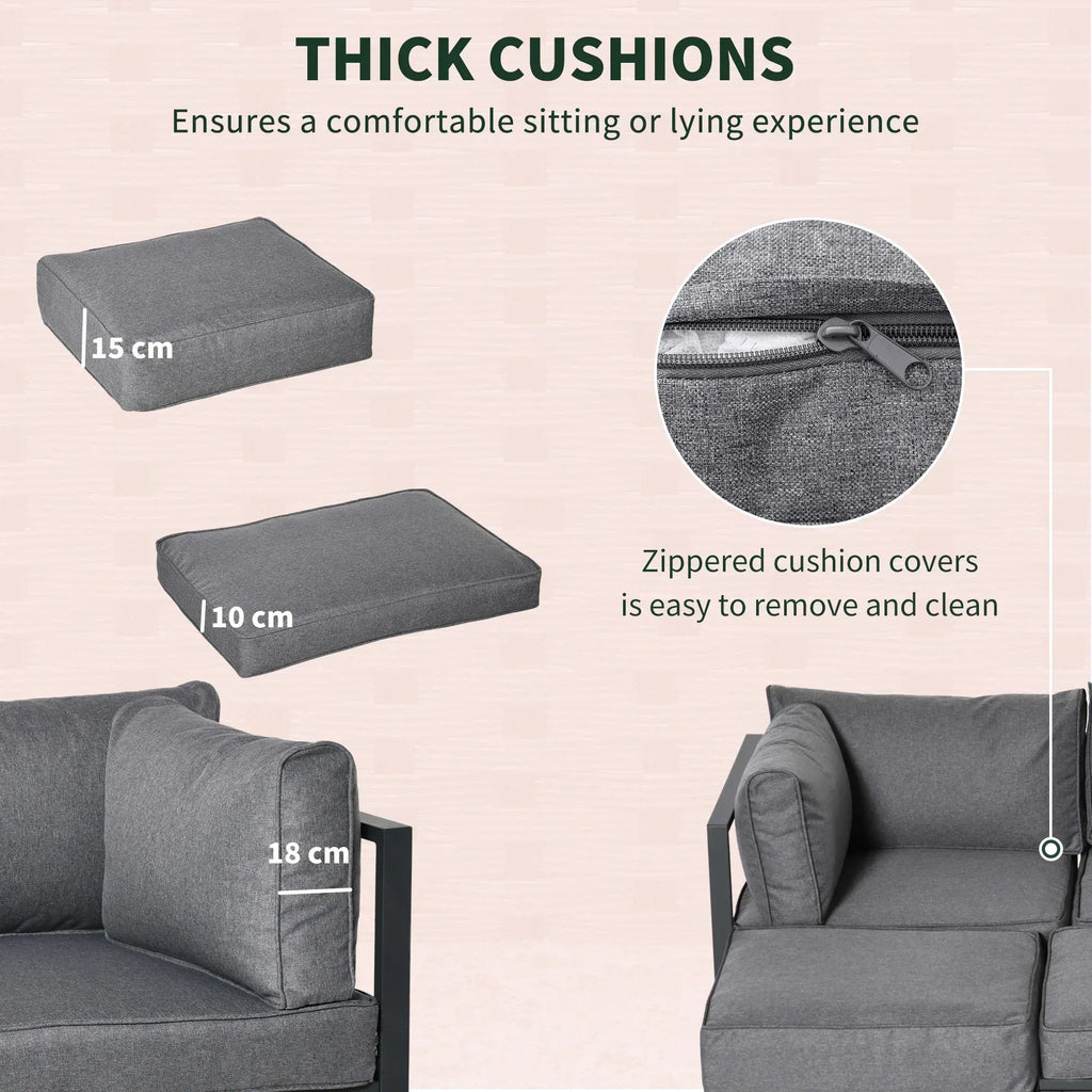 Garden Daybed, 6 Piece Outdoor Sectional Sofa Set, Aluminum Patio Conversation Furniture Set with Coffee Table, Footstool and Cushions, Grey - Bobobiy