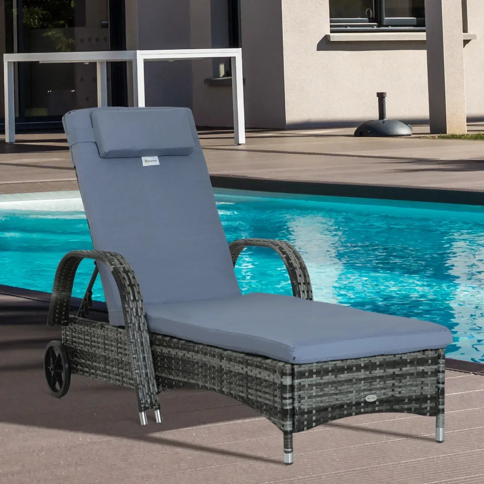 Garden Rattan Furniture Single Sun Lounger Recliner Bed Reclining Chair Patio Outdoor Wicker Weave Adjustable Headrest with Fire Retardant Cushion - Grey - Bobobiy