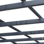 Black metal pergola cross-beam joint with rivets on slatted grid roof
