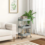 Light blue three-tier steel storage trolley, open shelves on rolling casters