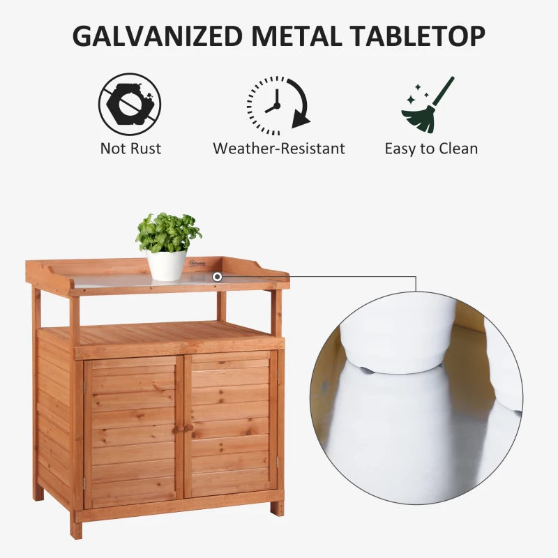 Orange potting bench with galvanized metal tabletop and cabinet doors