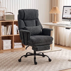 Black upholstered office chair with high back, armrests, and rolling swivel casters