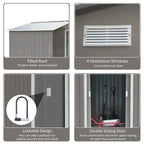 Grey metal shed feature panel: tilted roof, ventilation windows, lockable door, open entry