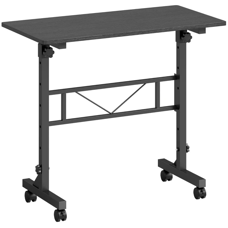 Black adjustable height overbed table with lower shelf and rolling casters