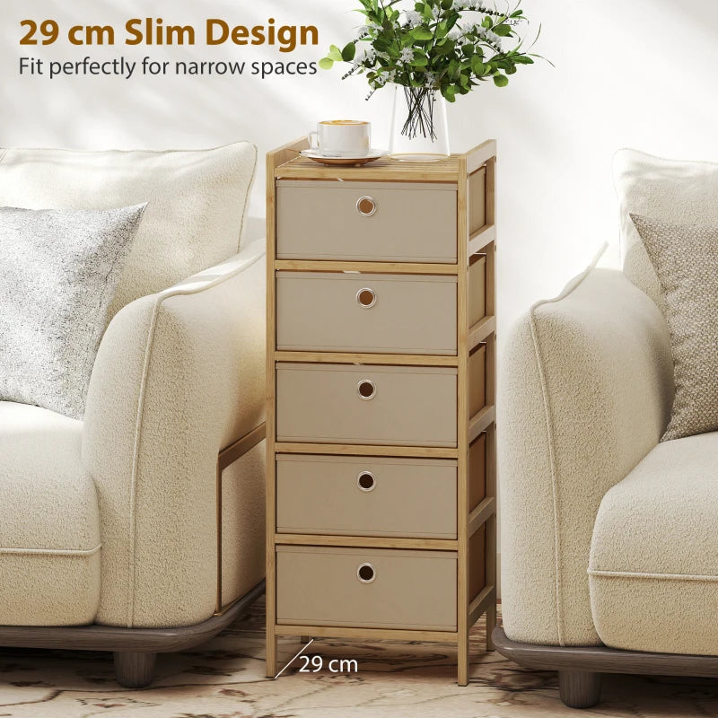 Slim narrow bamboo chest with four visible cream fabric drawers and round pull handles