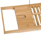 Bamboo bathtub shelf caddy end with circular cup holder cutout and slatted rack
