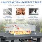 Liquefied natural gas fire pit table with glass wind shield and stainless control knobs