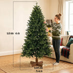 Green artificial Christmas tree, full height with hinged branches and wooden base
