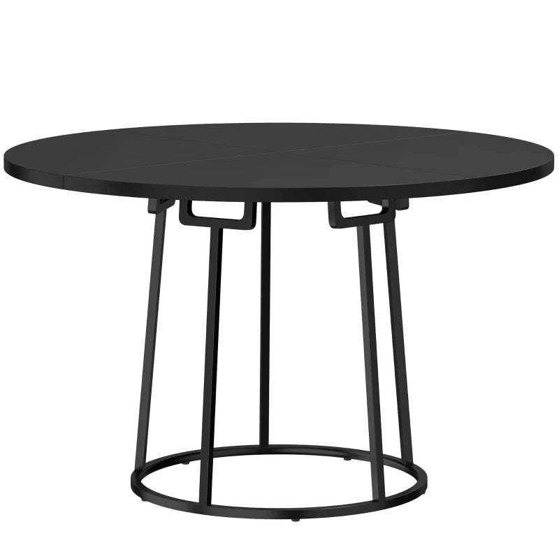 Round black dining table with pedestal-style conical metal base