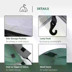 Green dome tent features: side storage pockets, lamp hook, mesh vents, door closure