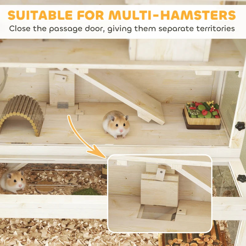 Wooden hamster cage with separated compartments and hideouts on multiple levels