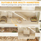 Wooden hamster cage with separated compartments and hideouts on multiple levels
