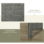 Grey room divider with woven panel texture and elevated base feet for stability