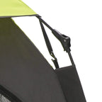 Side view of black support frame with lime-green tent canopy