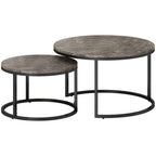 Set of 2 round nesting coffee tables with dark faux-marble tops and black steel frames